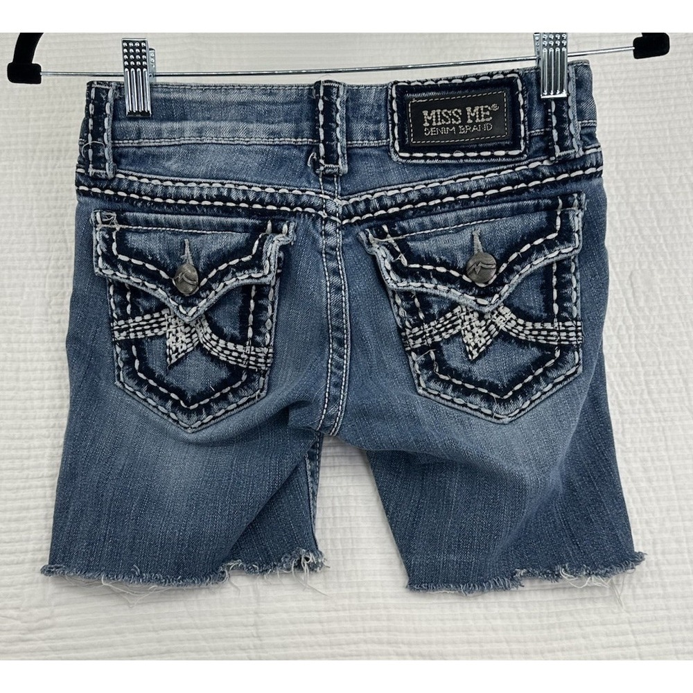 Miss Me Cut Off Denim Shorts Embellished Bling Pocket 25"โ Waist 6 Inseam